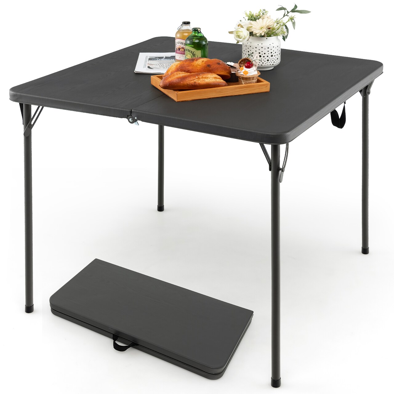 Costway Folding Camping Table Portable HDPE Outdoor Picnic Dining Table w/ Handle White\Grey